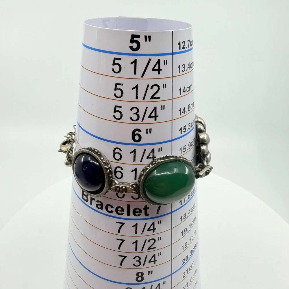 Vintage Boho Flower Bracelet Green Navy Cabochon Silver Tone